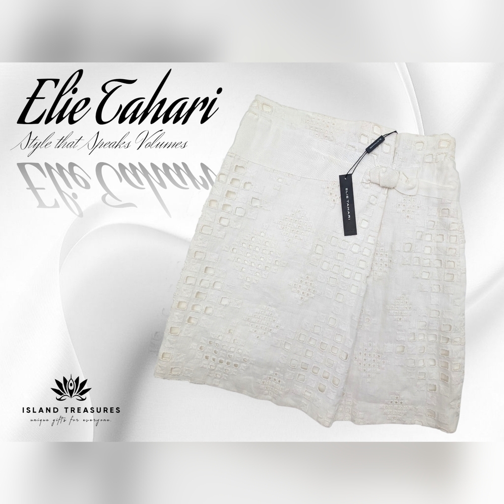 NWT Elie Tahari 100% Linen Eyelet White Fully Lined Skirt Size 10 With Side Bow